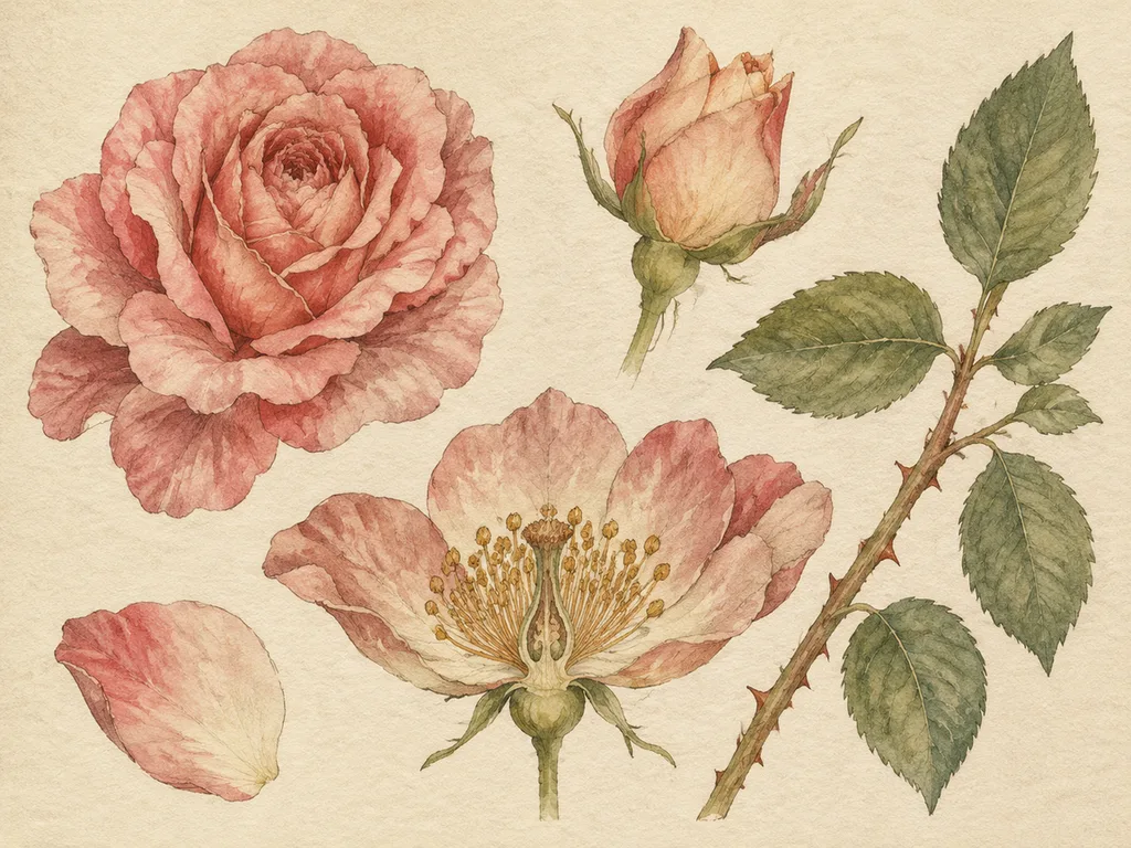 Historische Rosen-Botaniktafel mit sezierter Blüte und Beschriftung