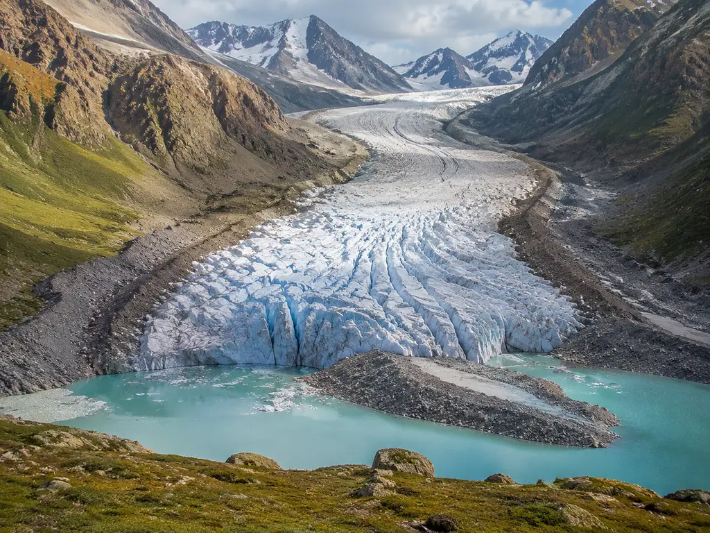 Talgletscher mit markierten Fließlinien und Moränen