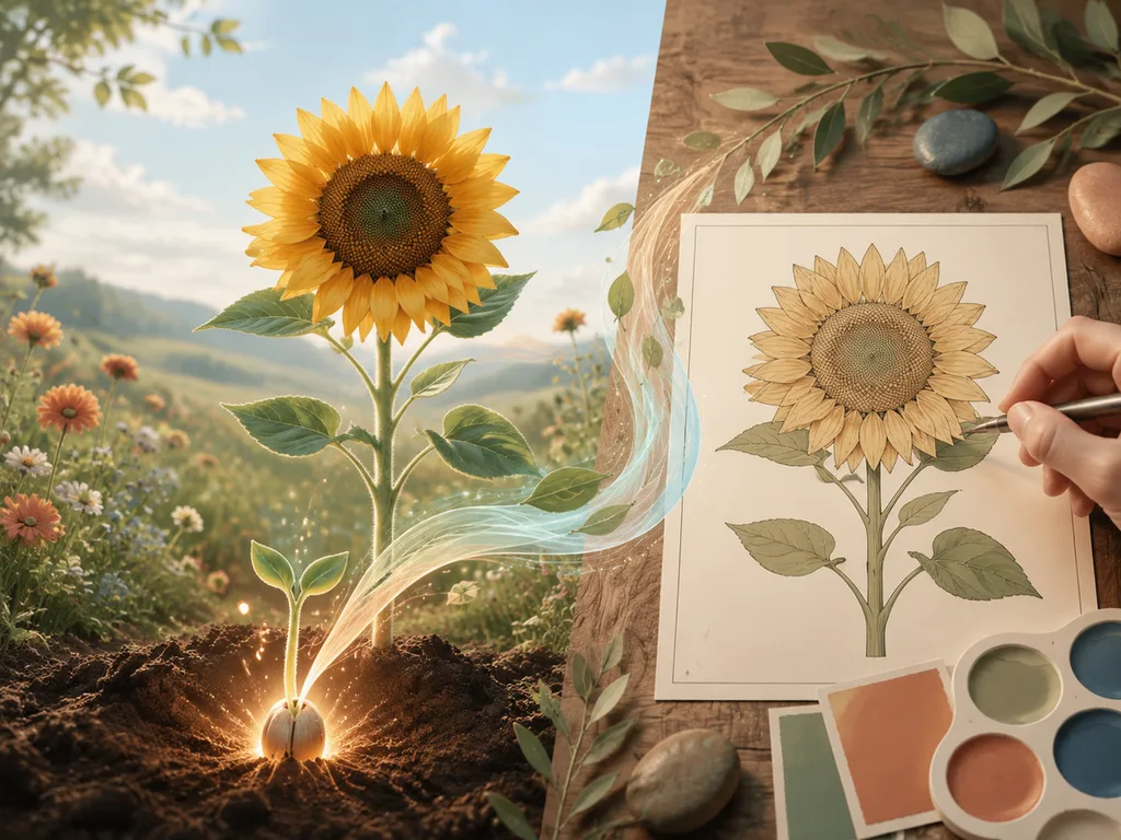 Eine beschriftete botanische Illustration eines Sonnenblumenkopfs — Zungenblüten, Röhrenblüten, Samen — die Art Tafel, die GLMImage aus einem einzigen Prompt entwirft