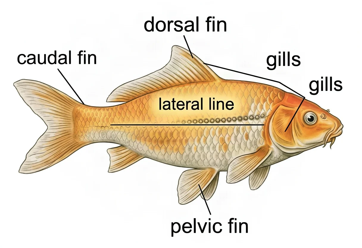 A labeled zoological illustration of a fish — dorsal fin, pelvic fin, gills, lateral line