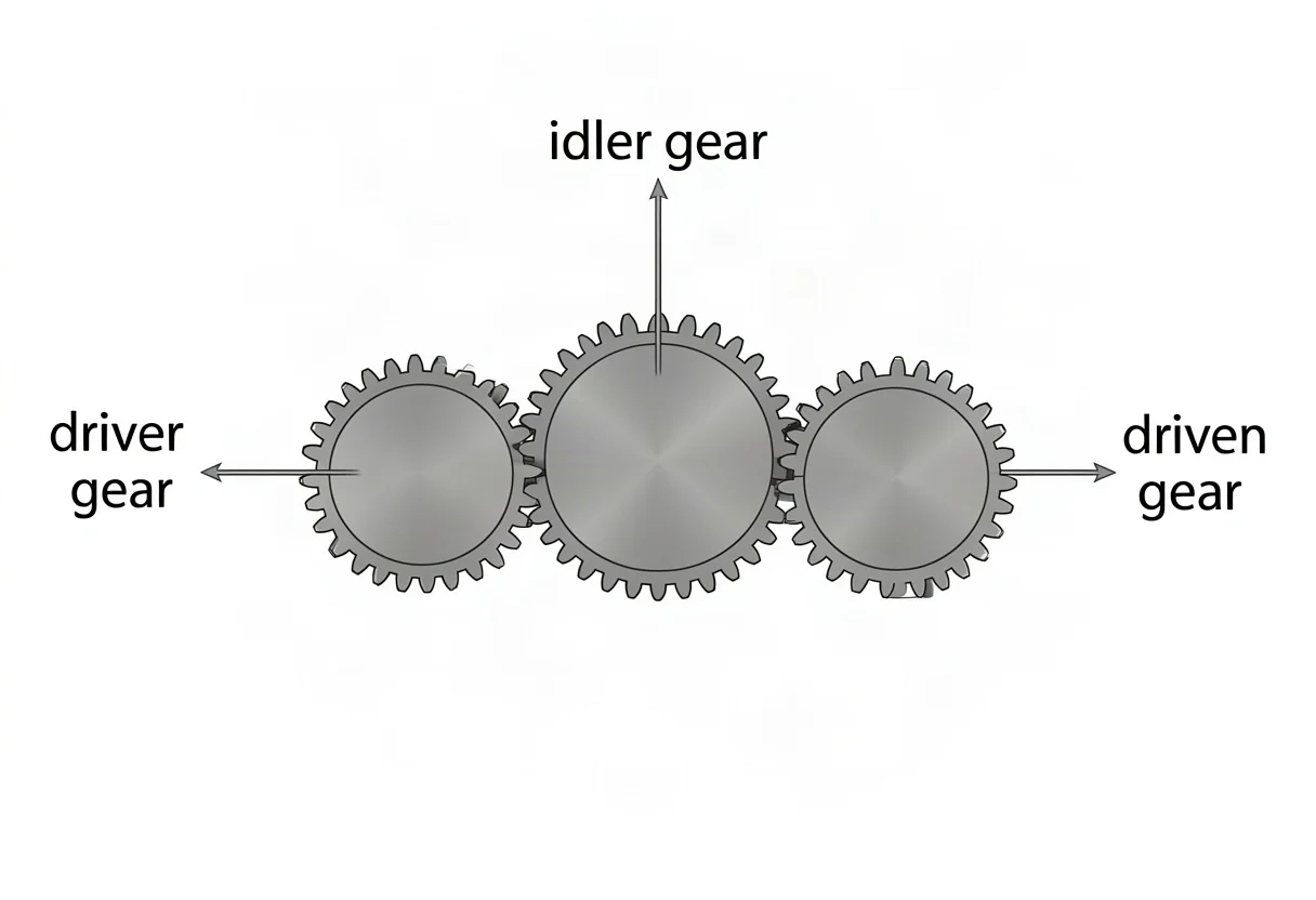 A labeled technical diagram of a gear train — driver gear, driven gear, idler gear