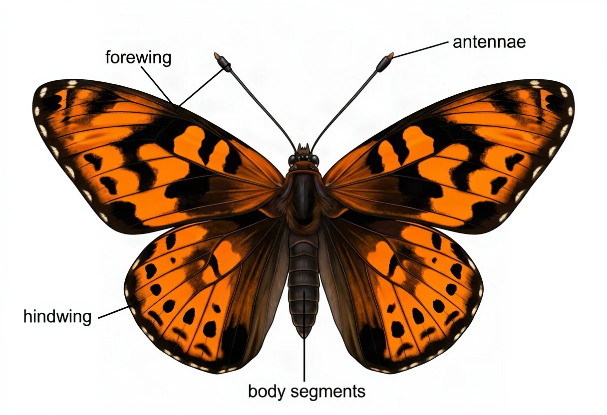 Butterfly wing anatomy; label forewing, hindwing, antennae, body segments
