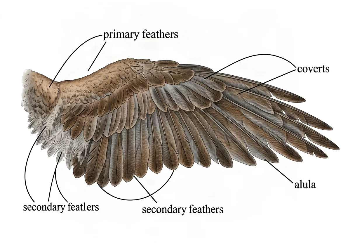 Bird wing anatomy; label primary feathers, secondary feathers, coverts, alula