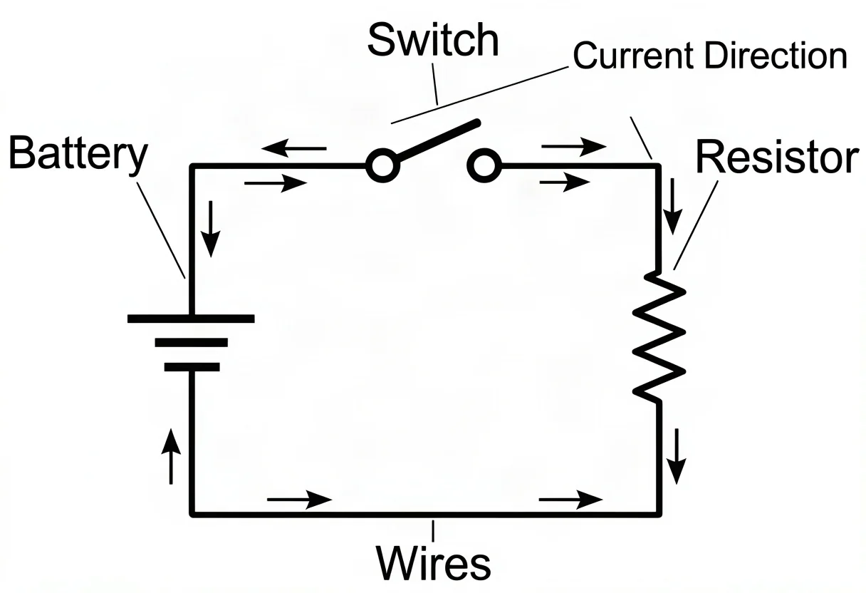 Simple electrical circuit diagram; label battery, switch, resistor, wires, current direction