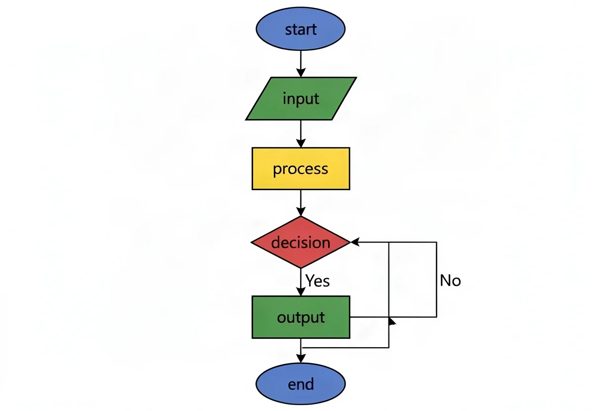 Process flowchart; label start, input, process, decision, output, end