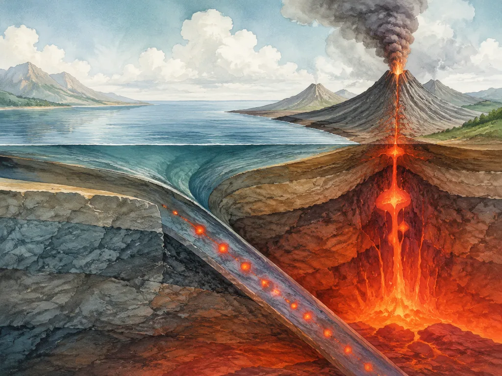 Coupe transversale d'une zone de subduction avec légendes : fosse, panneau plongeant, déshydratation, magma, arc volcanique