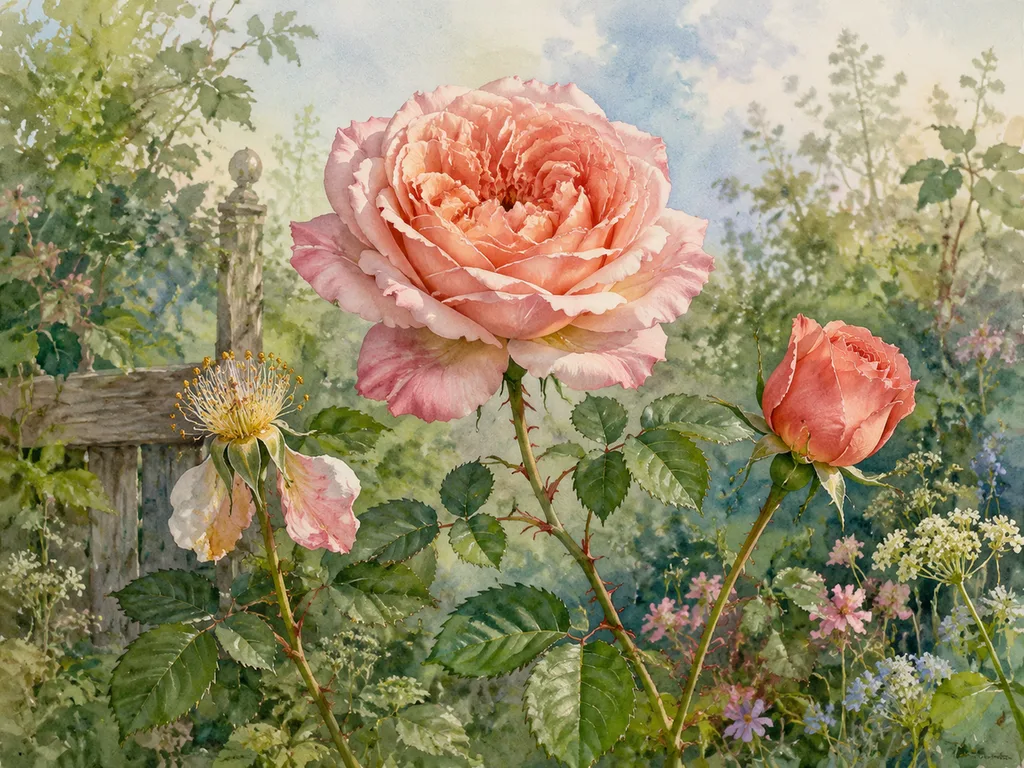 Planche botanique de rose ancienne légendée fleur, bouton, étamines, pistil, foliole