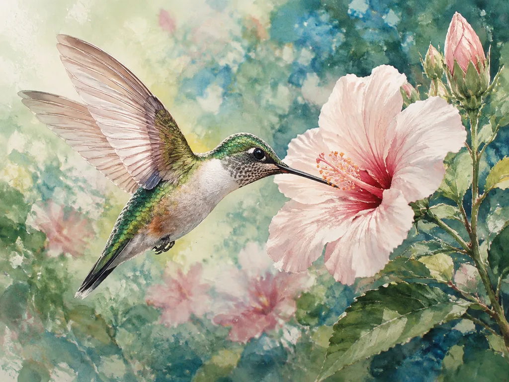 Figure de vol stationnaire d'un colibri annotée : trajectoire de l'aile, cycle de battement, vecteur de portance, alimentation