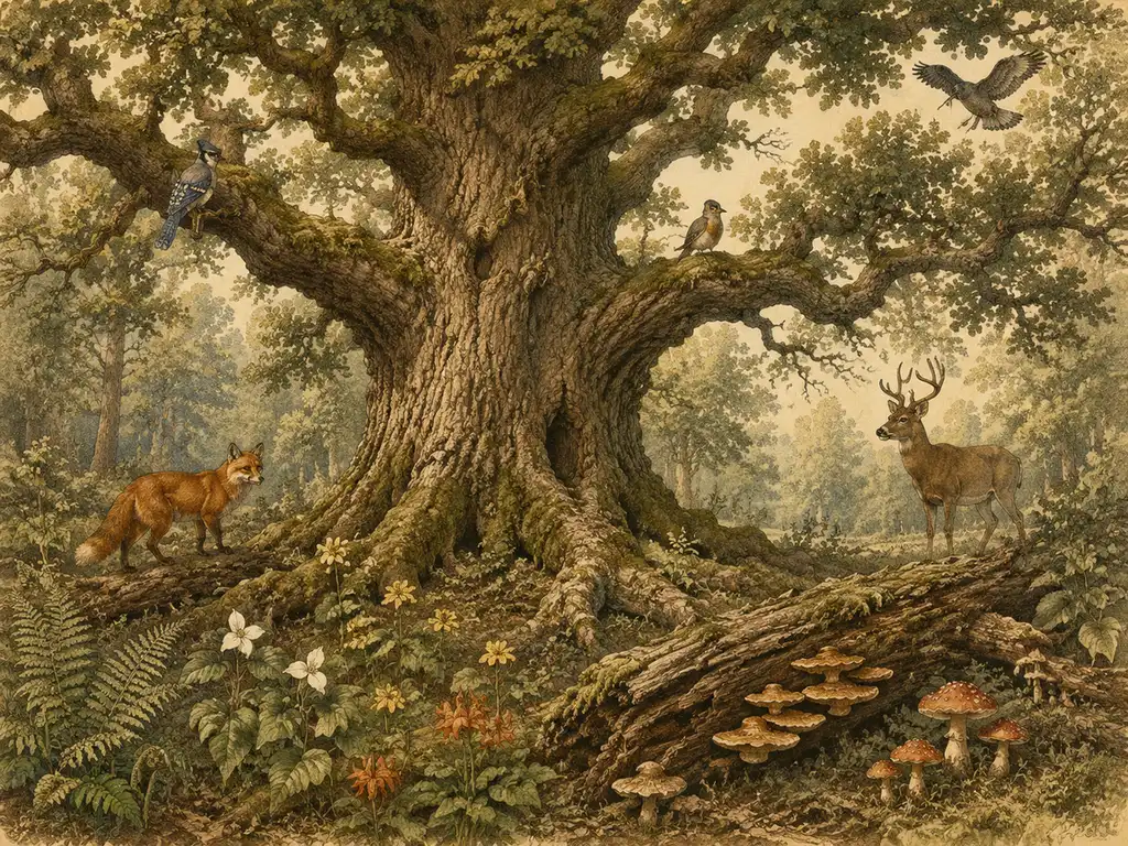 A labeled natural-history illustration of a forest ecosystem — producers, consumers, decomposers — in vintage plate style