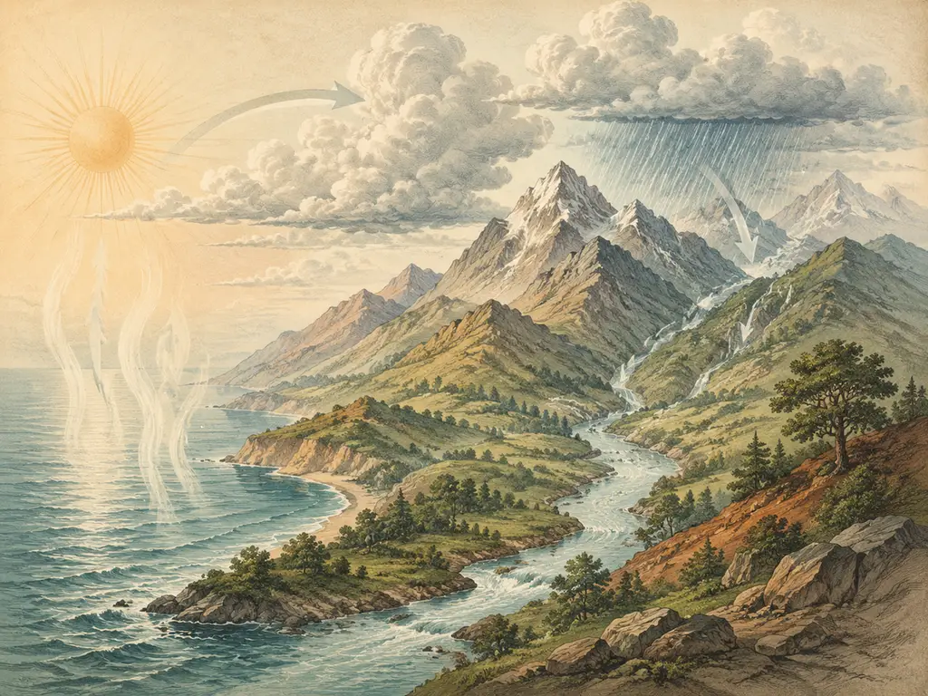 Water cycle diagram labeled evaporation, condensation, precipitation — vintage engraving-style scientific illustration