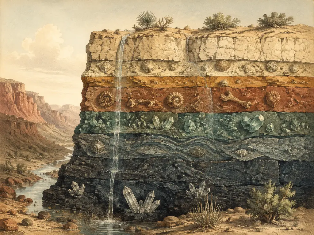 Geological strata cross-section labeled with rock layers and era names — vintage scientific illustration plate