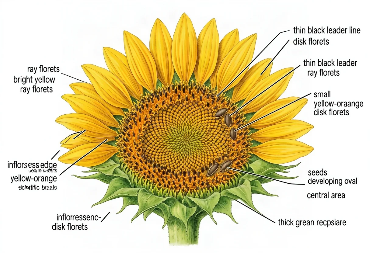 A labeled botanical illustration of a sunflower head — ray florets, disk florets, seeds