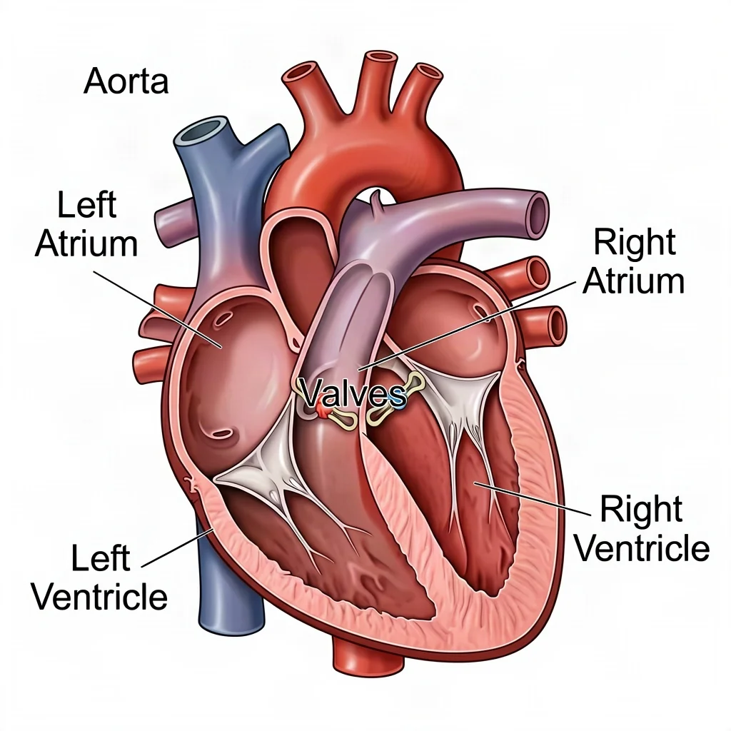 A labeled medical illustration of a human heart — chambers, valves, aorta