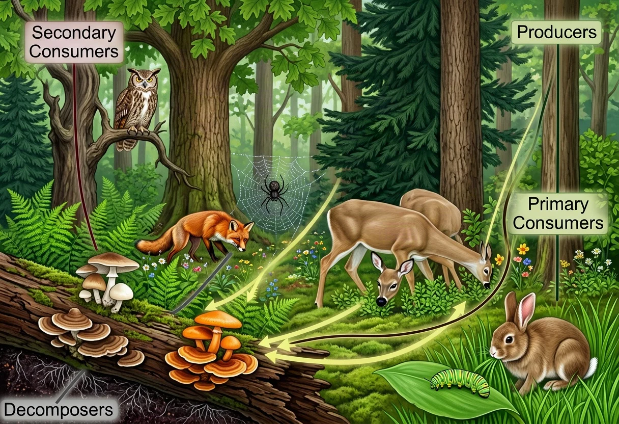 A labeled natural-history illustration of a forest ecosystem — producers, consumers, decomposers