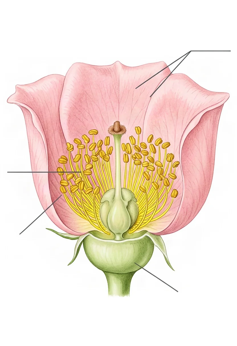Rose flower dissected; label petals, stamen, pistil, receptacle