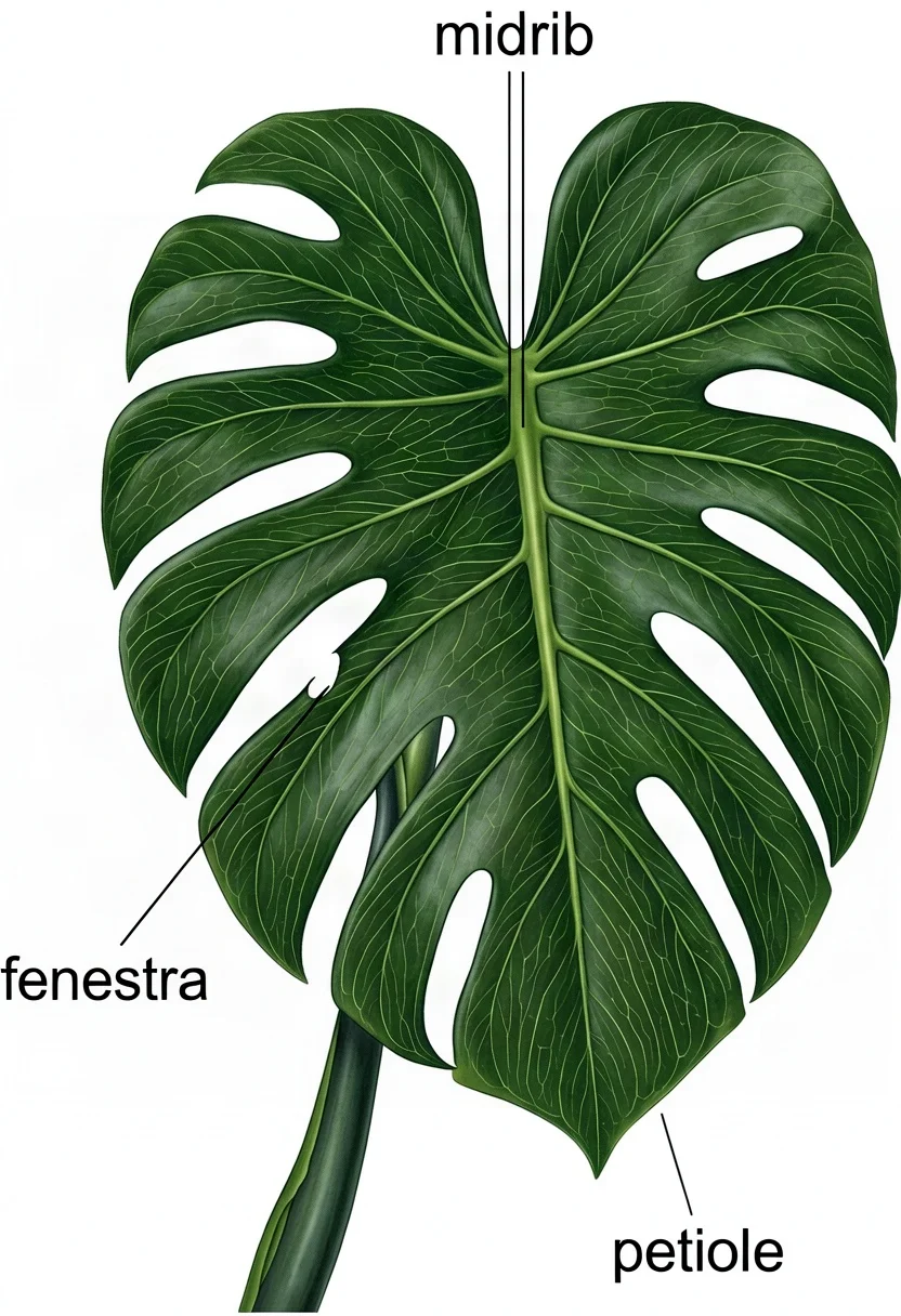 Monstera leaf showing split fenestrations and vein pattern; label fenestra, midrib, petiole