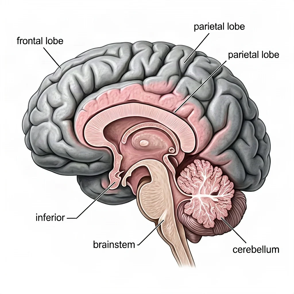Human brain sagittal section; label frontal lobe, parietal lobe, cerebellum, brainstem