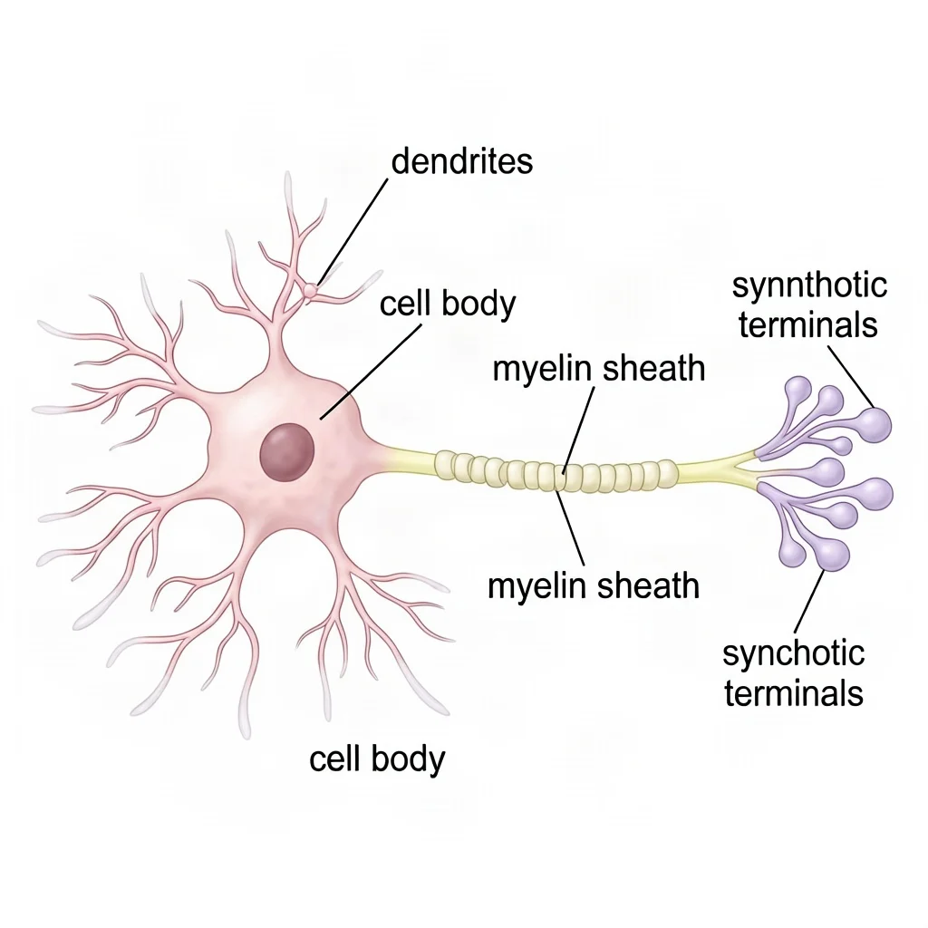 Neuron and synapse diagram; label dendrites, cell body, axon, myelin sheath, synaptic terminals