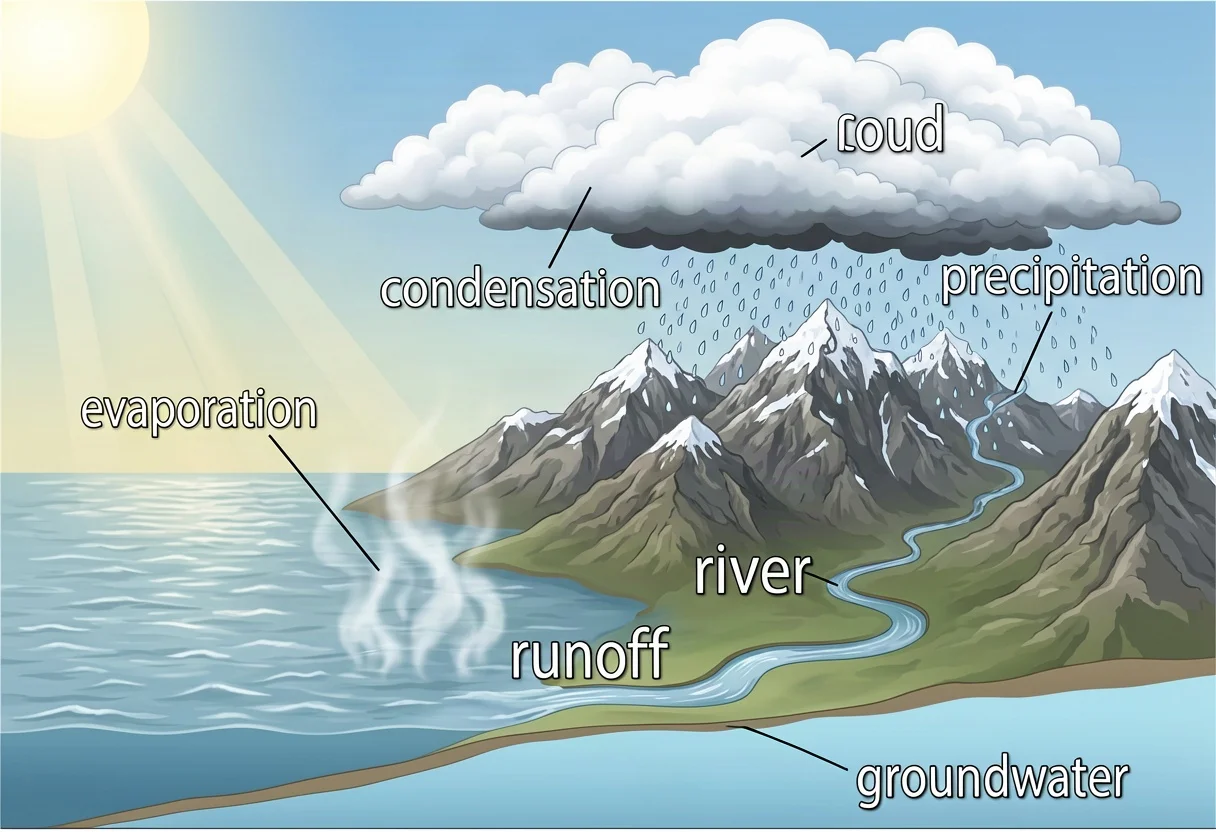 Water cycle diagram; label evaporation, condensation, precipitation, runoff, groundwater