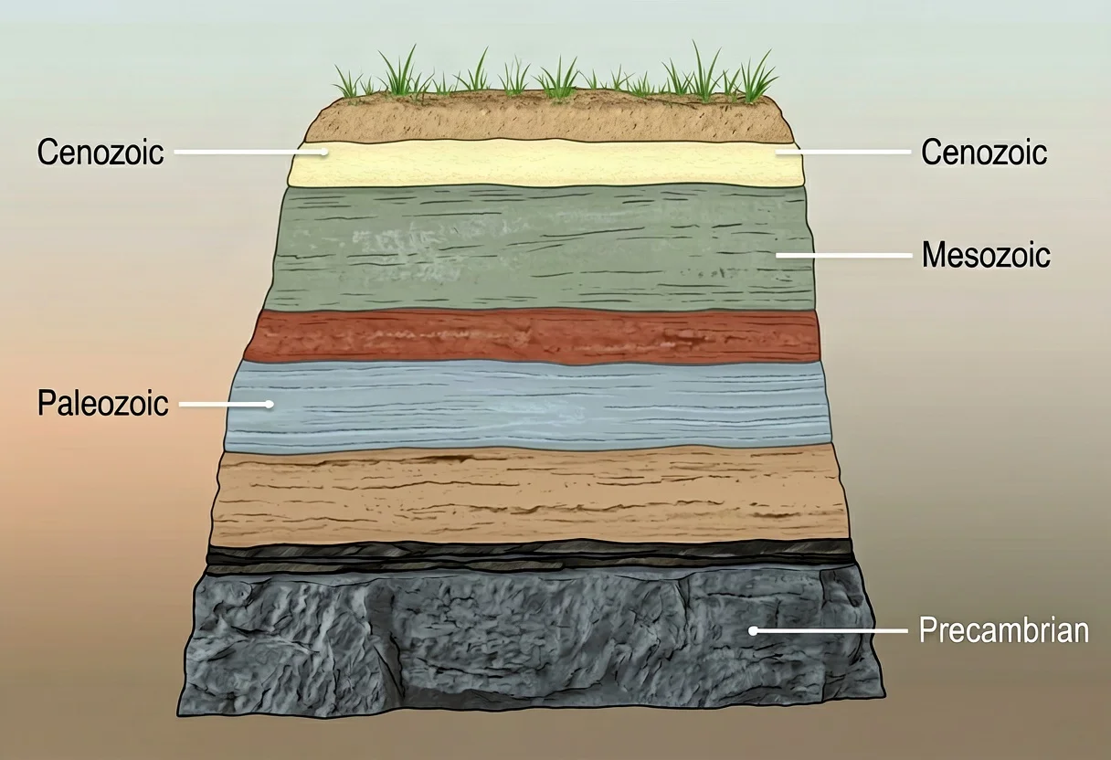 Geological strata cross-section; label rock layers from oldest to youngest with era names