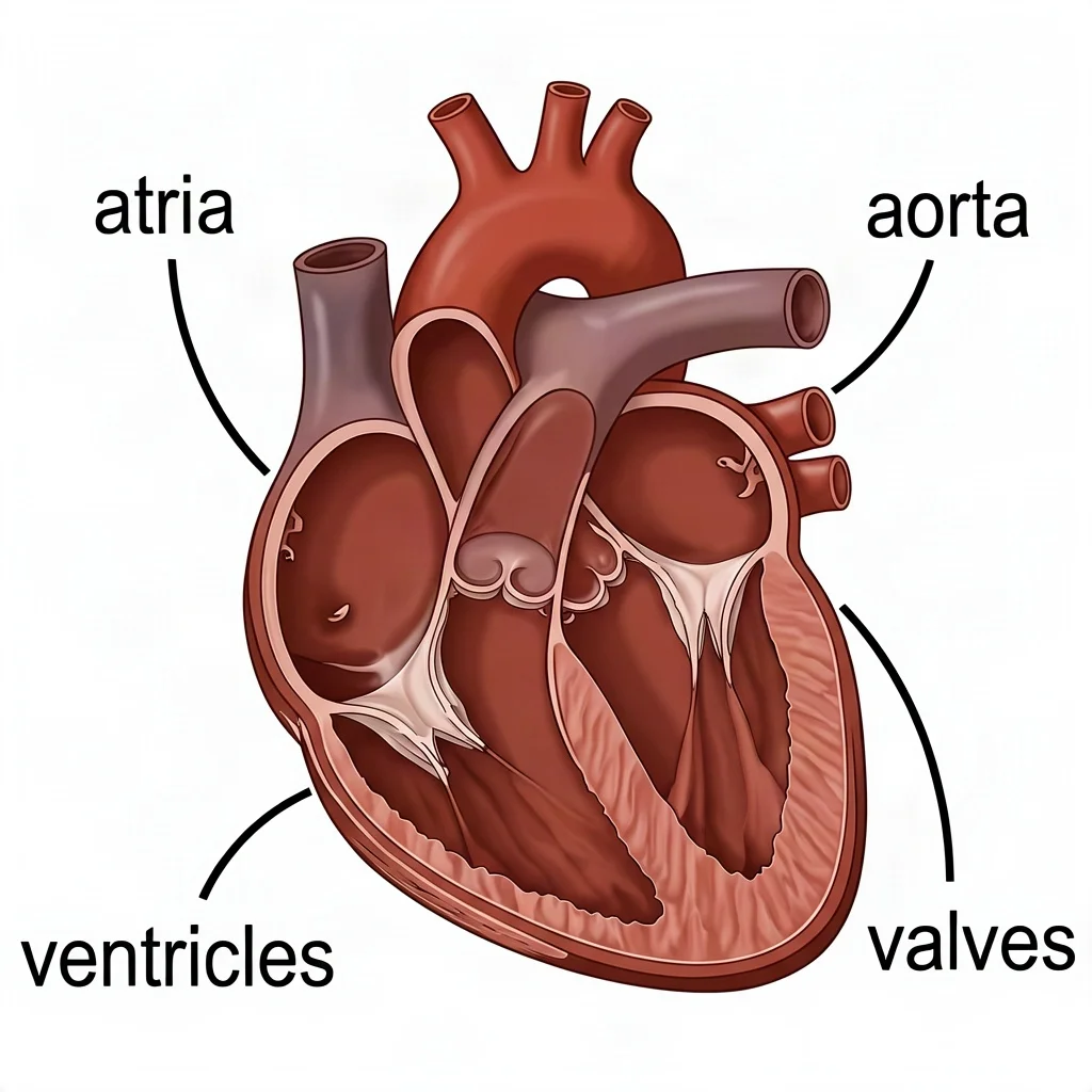 Human heart cross-section; label atria, ventricles, valves, aorta