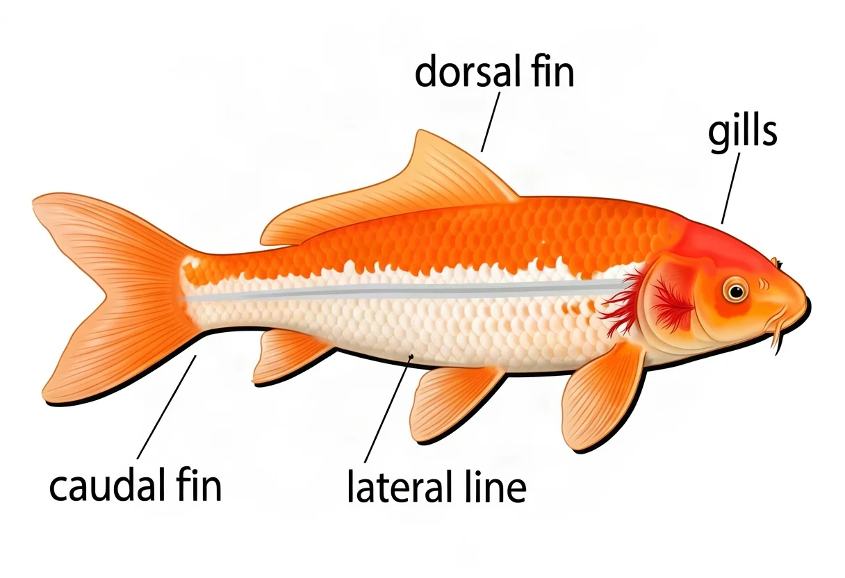 Koi fish lateral anatomy; label dorsal fin, gills, lateral line, caudal fin