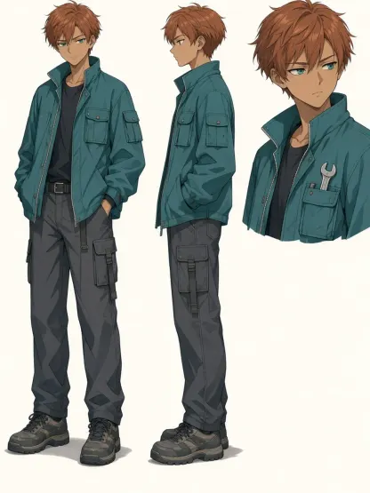Original anime mechanic character sheet with front side and portrait views