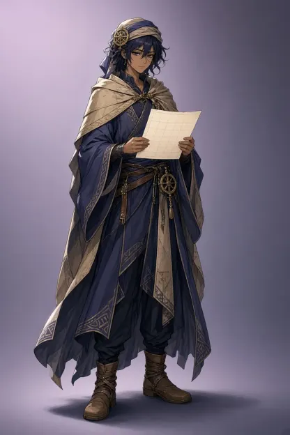 Full-body original anime astronomer mage in indigo robes