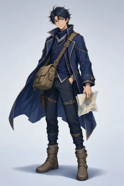 Full-body original anime sky courier character holding a map