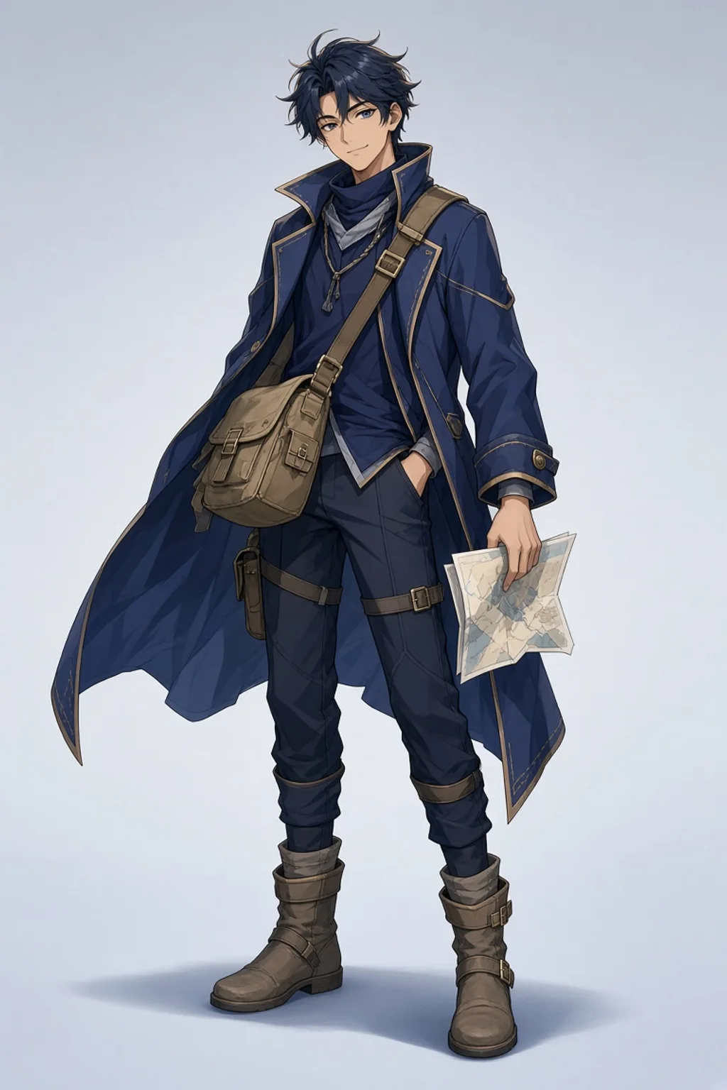 Full-body original anime sky courier character holding a map