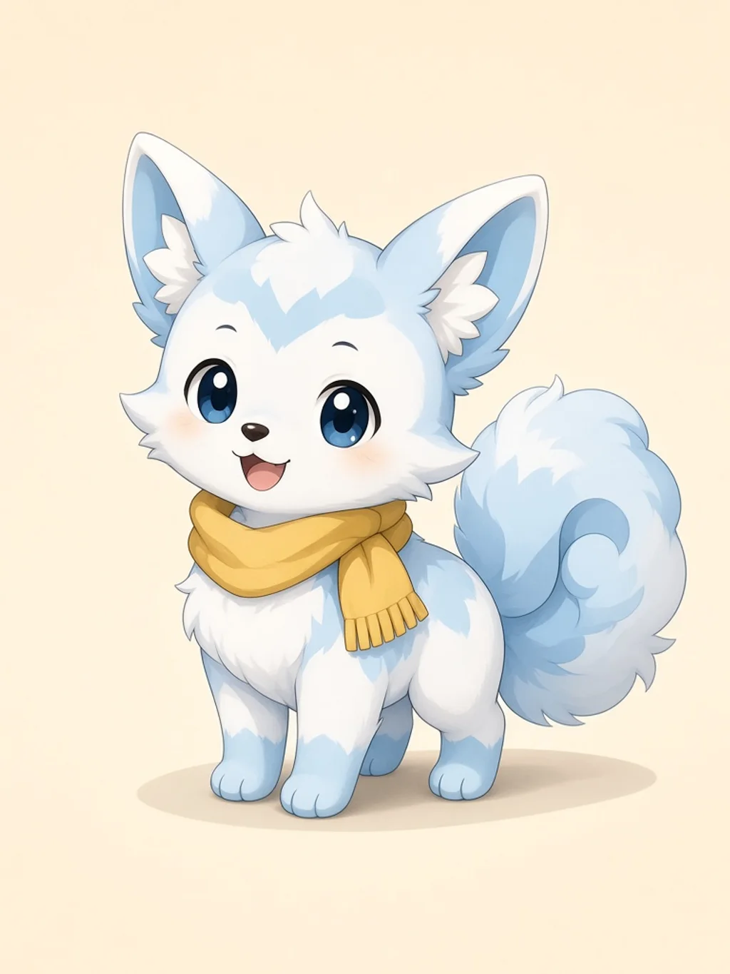 Original pale blue cloud fox anime mascot wearing a mustard scarf