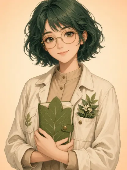 Original anime botanist character with green hair and a leaf notebook