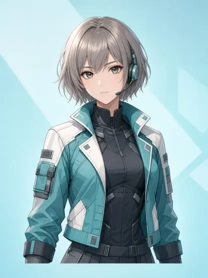 Original anime orbital survey pilot with teal jacket and headset