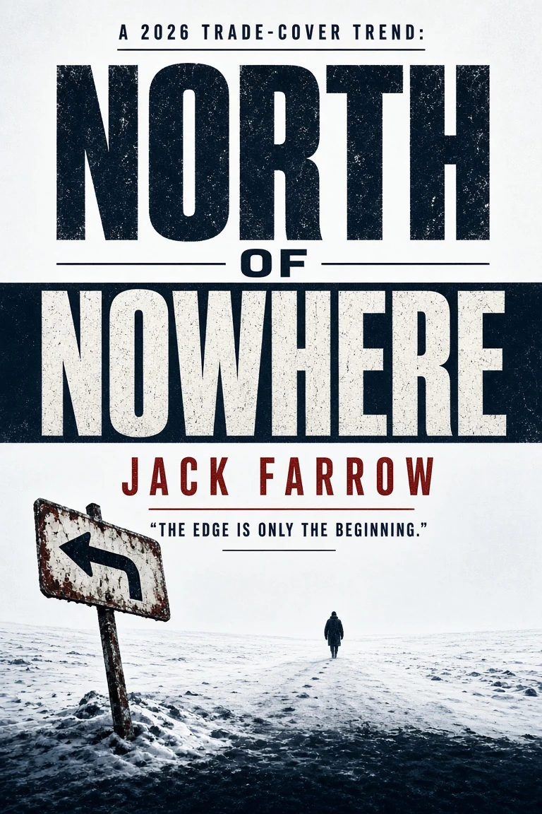 North of Nowhere: A bent road sign at the edge of an endless snowy plain, tiny figure walking away. 2026 trade-cover trend: oversized structural typography, h