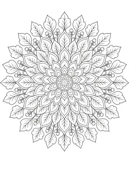 Detailed black outline botanical mandala coloring page