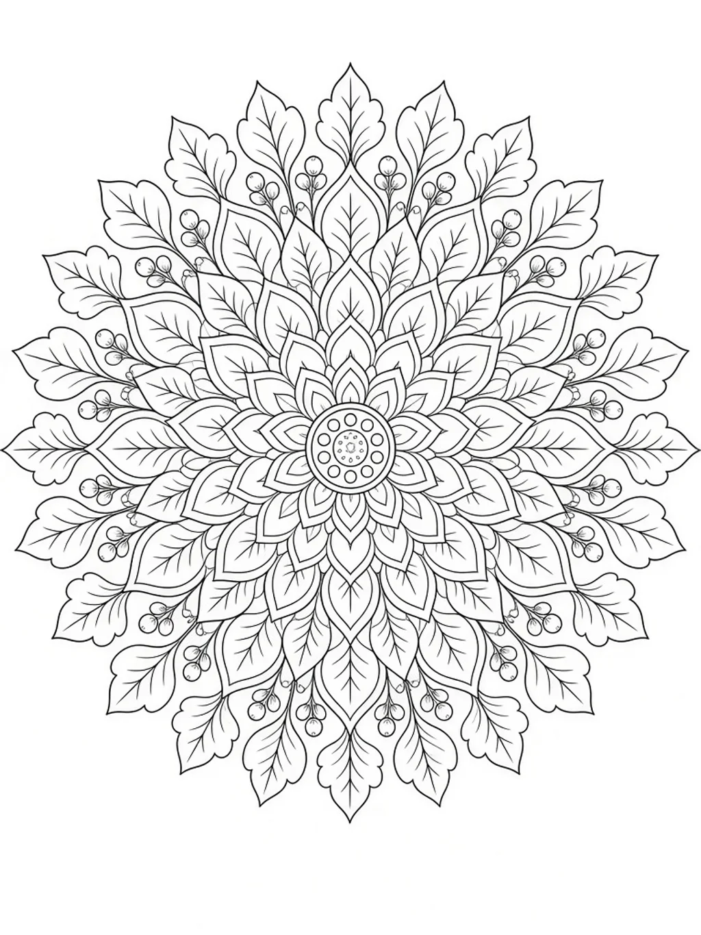 Detailed black outline botanical mandala coloring page