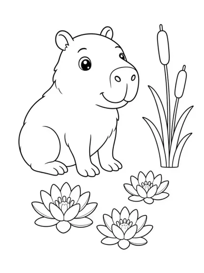 Black outline coloring page of a capybara with water lilies