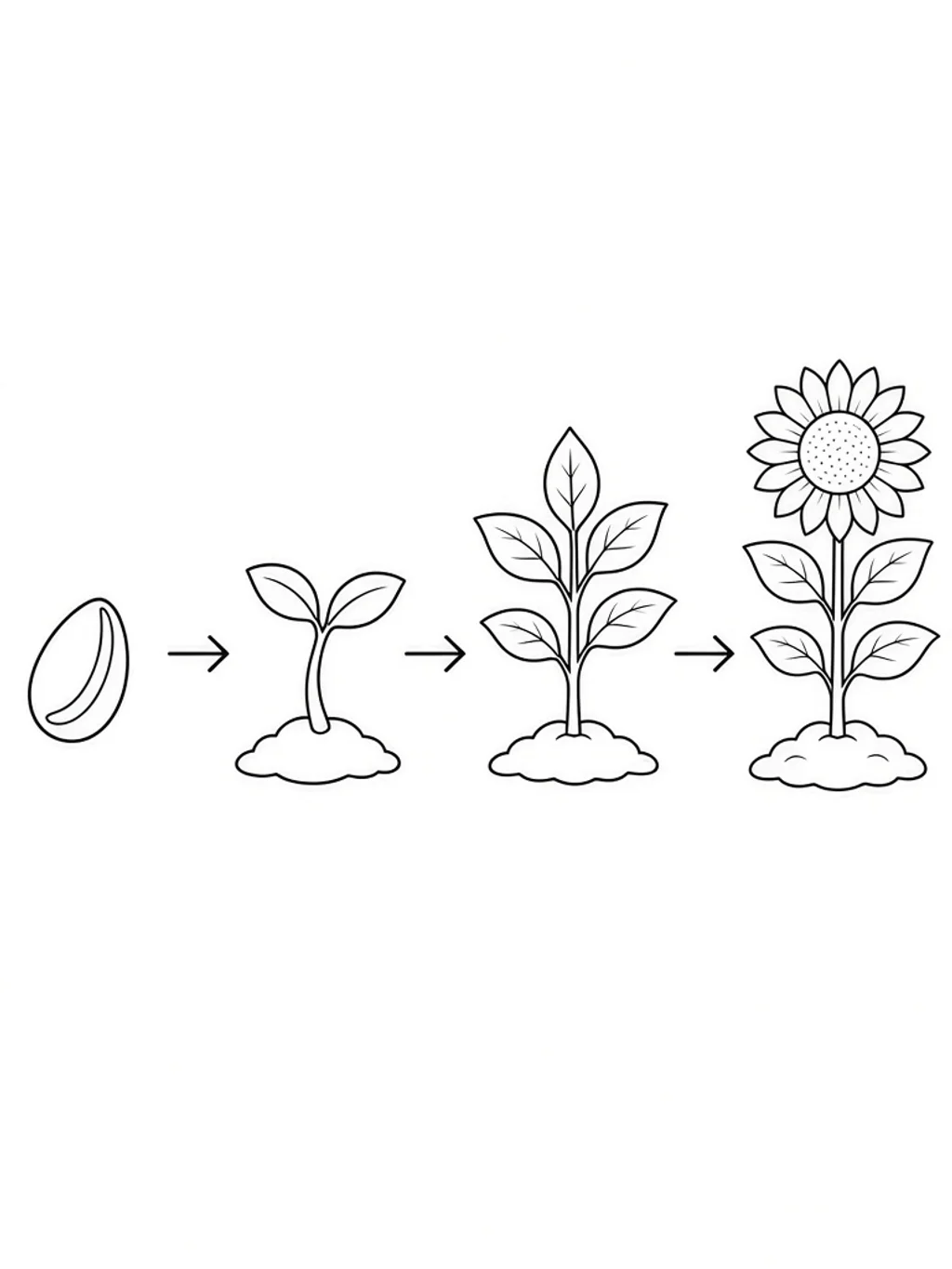 Black outline coloring page showing seed sprout plant and sunflower stages