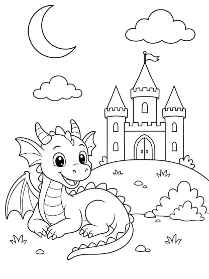 Black outline coloring page of a friendly dragon beside a castle