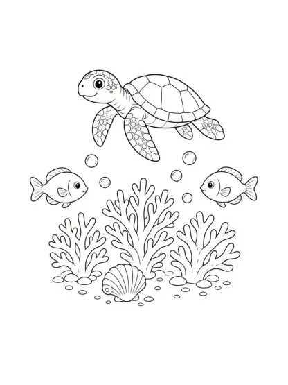 Black outline ocean coloring page with sea turtle fish and coral
