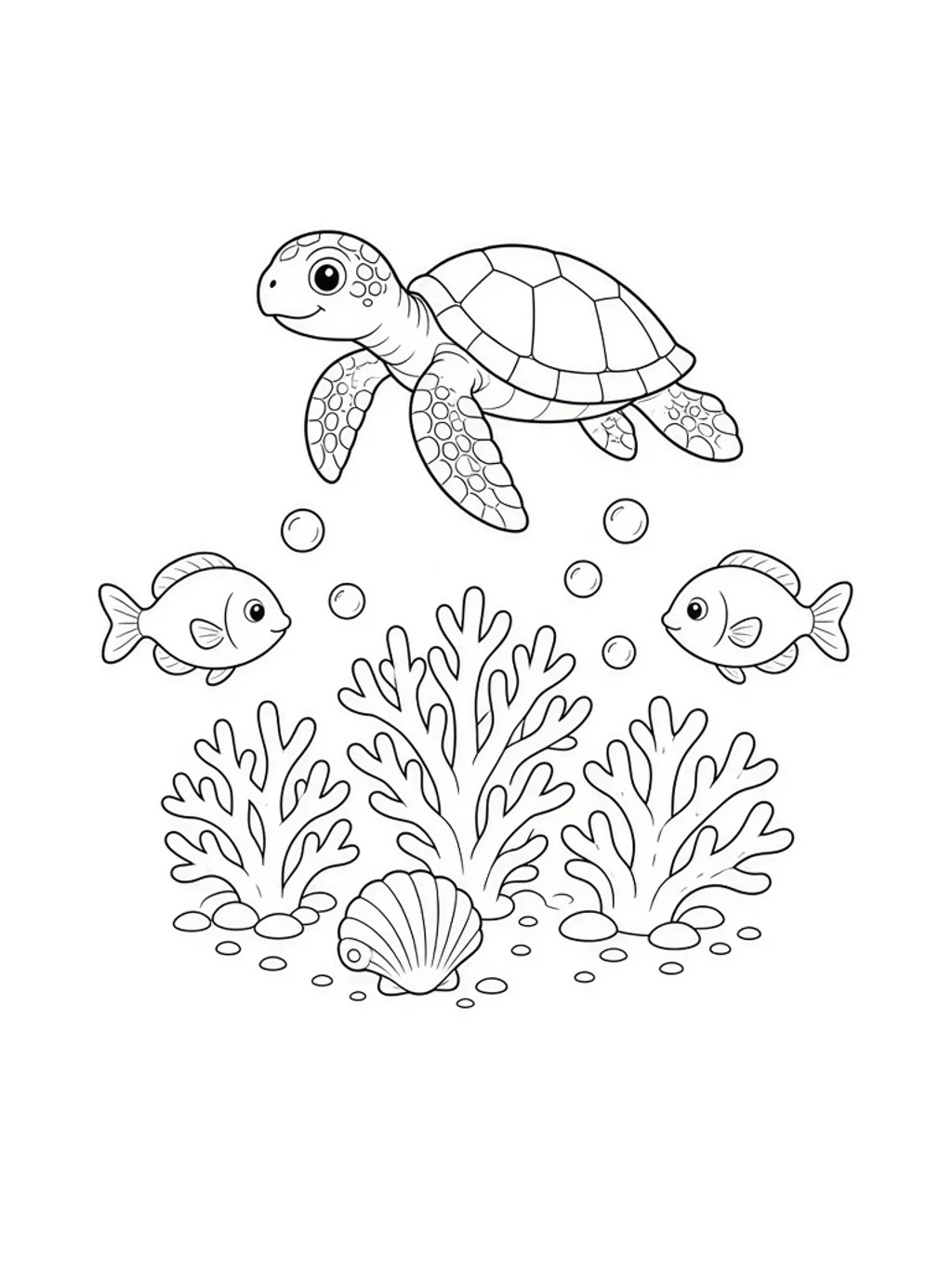 Black outline ocean coloring page with sea turtle fish and coral