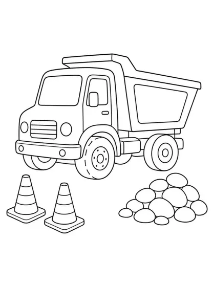 Black outline dump truck coloring page with cones and stones