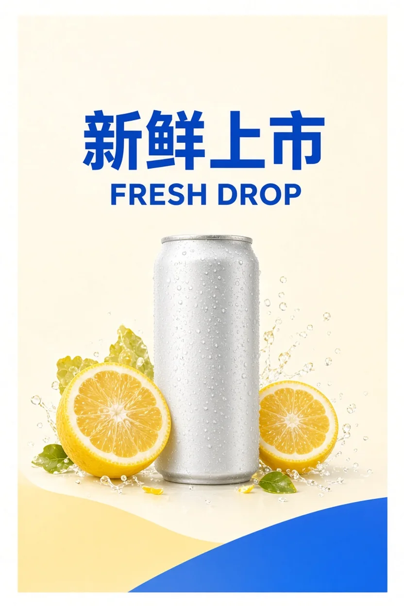 Bilingual citrus drink poster reading 新鲜上市 and Fresh Drop