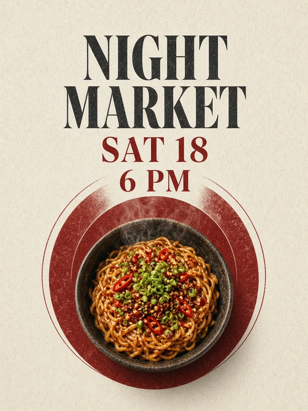 Fictional Night Market event poster with a noodle bowl and red circular graphics