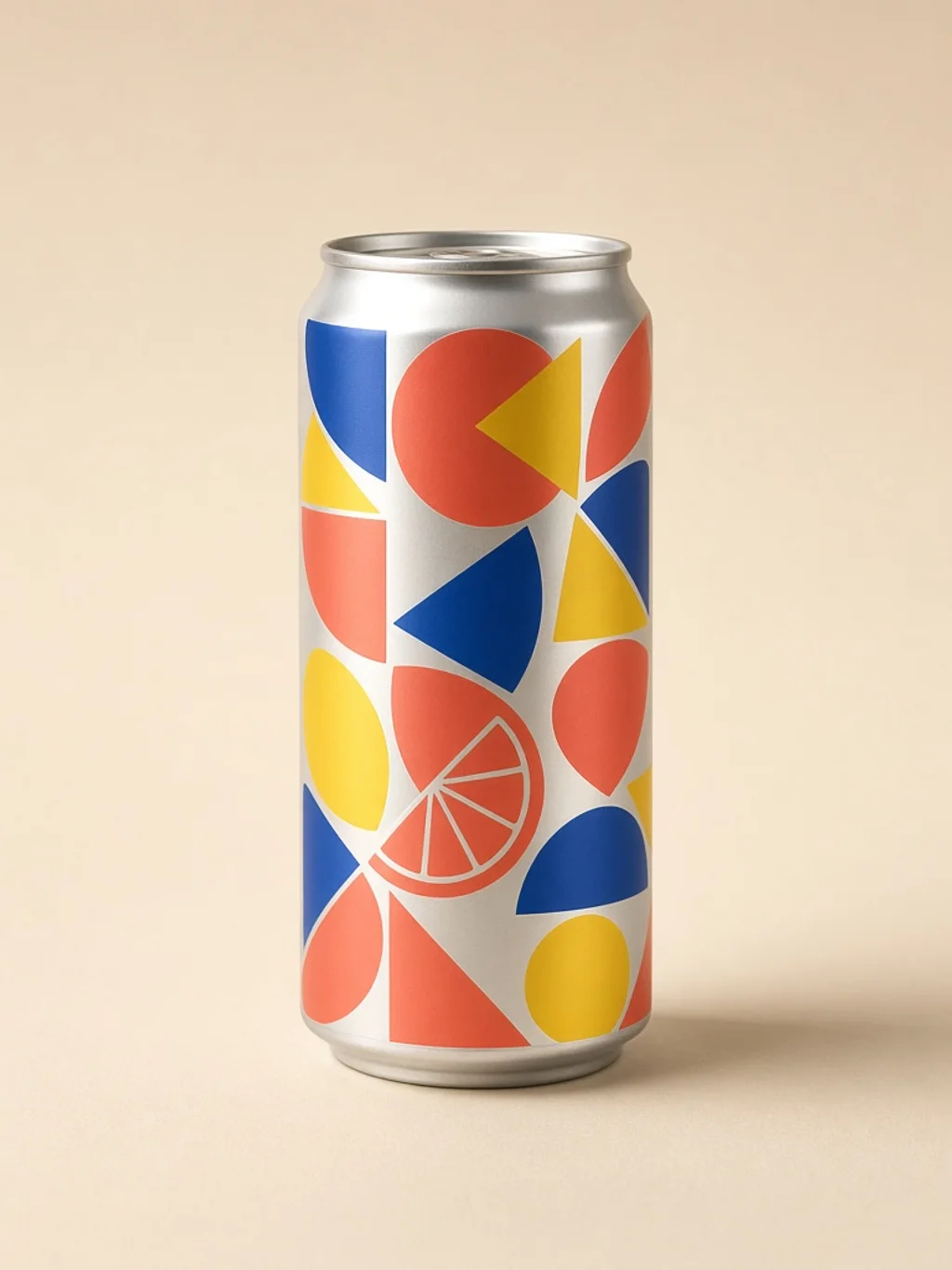Slim beverage can packaging concept with colorful geometric fruit shapes