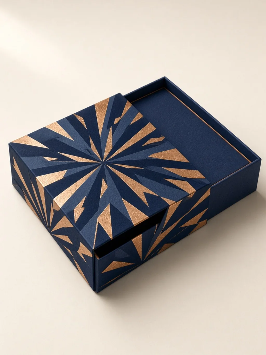 Open rigid gift box and sleeve with navy and copper abstract pattern