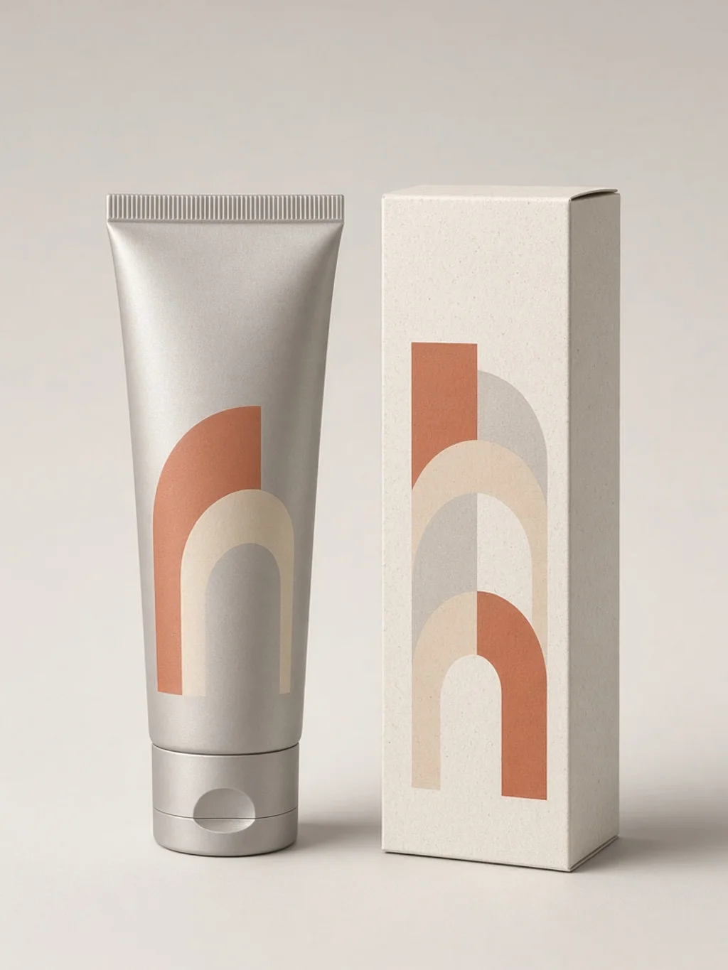 Matte hand-care tube and carton packaging concept with abstract arch graphics