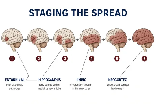 Six-stage spread of tau pathology