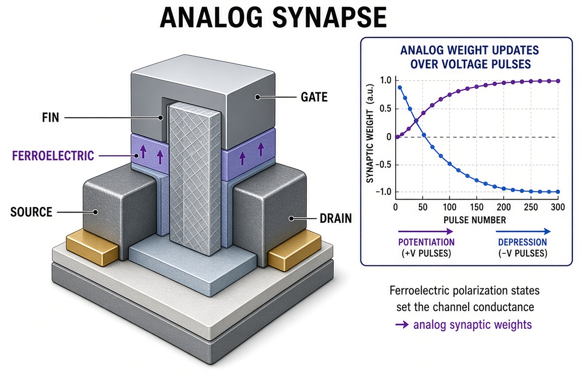 Ferroelectric synaptic transistor: scientific illustration generated with Grok Imagine