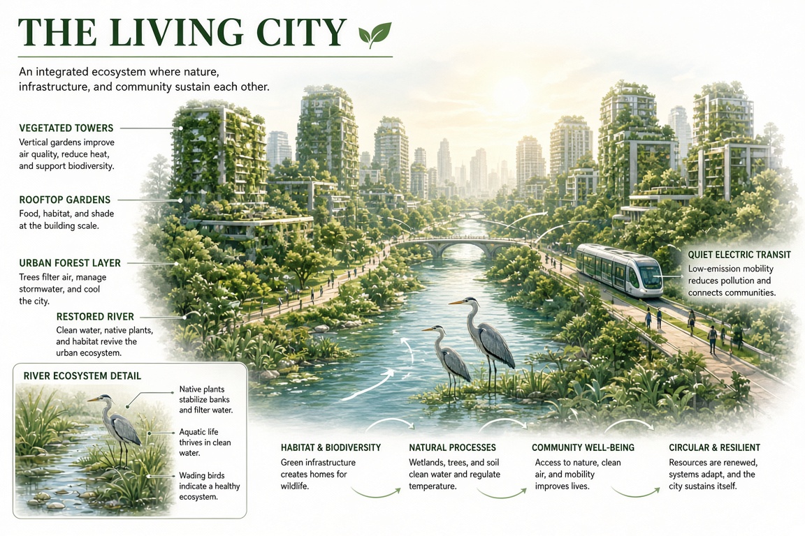 Smart city ecology (cover art): scientific illustration generated with Grok Imagine